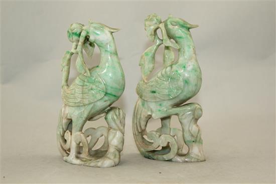 A pair of Chinese jadeite phoenixes, early 20th century, 15.5cm - 16cm